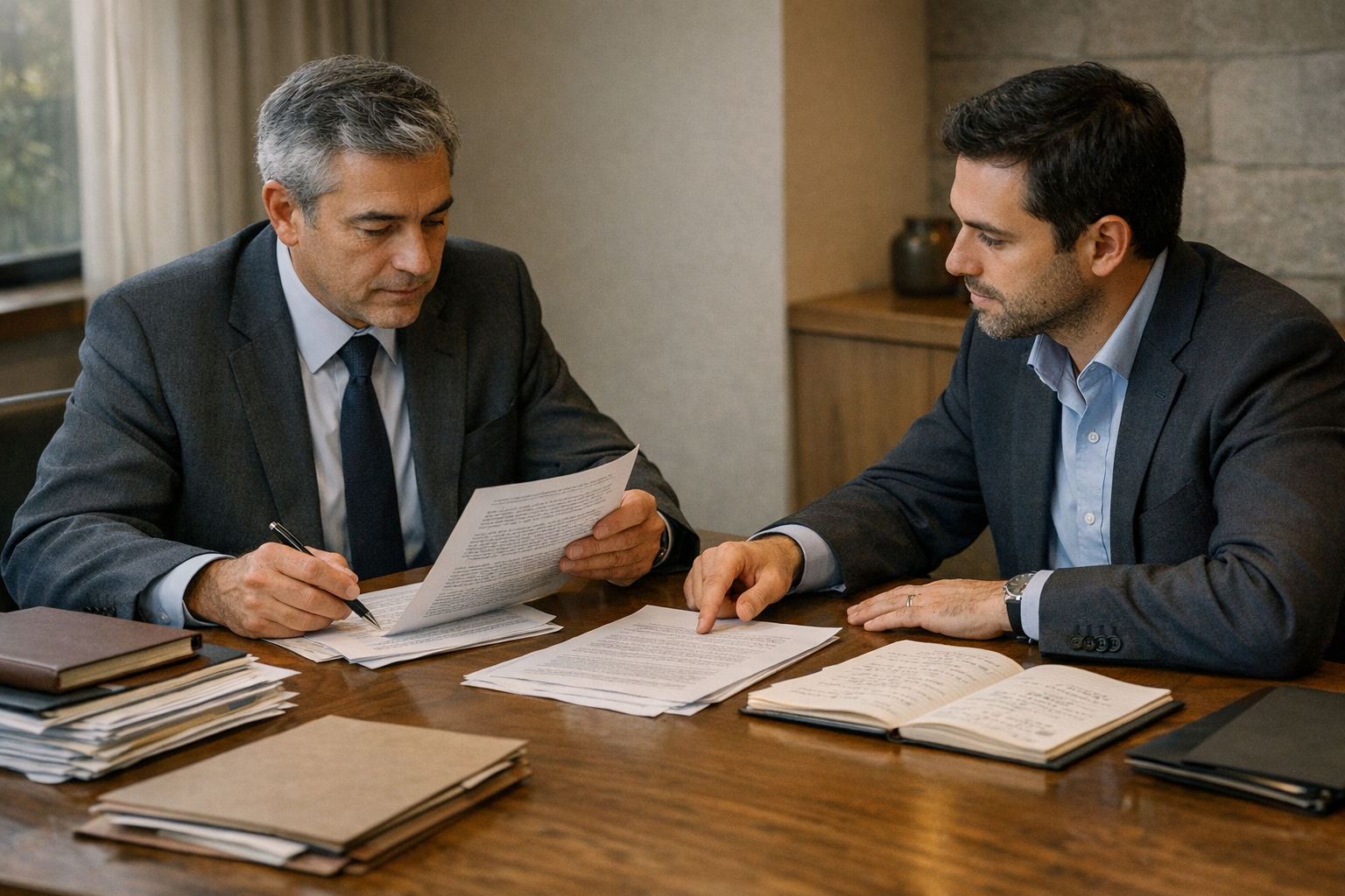 Abogados revisando documentos en una reunión de estrategia penal.